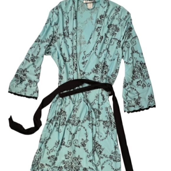 Beautiful Teal Black Floral Robe Linea Donatella S/M COTTAGECORE Shabby Chic EUC - Picture 2 of 13